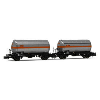 COFFRET DE 2 WAGONS CITERNES A 2 ESSIEUX , LIVREE ARGENT SATI/UCB, EpIV, ECHELLE N, PAR ARNOLD HN6479