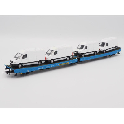 WAGON PLAT 3 ESSIEUX Laads BLEU, TRANSWAGGON, HO, EpV VI, CHARGE DE FOURGONNETTES SPRINTER, PAR RIVAROSSI HR6500