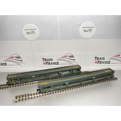 COFFRET DE 2 WAGONS PORTE VOITURES DD DEV 66, LIVREE VERTE AVEC LOGO ENCADRE BLANC, ECHELLE N, EpIV PAR ARNOLD HN4411