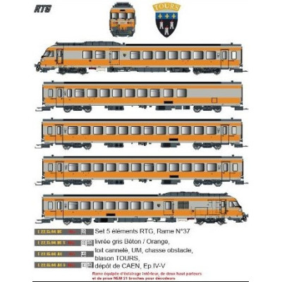COFFRET 5 ELEMENTS RTG, RAME NUMERO 37, HO, EpIV/V, LIVRE GRIS BETON/ORANGE, BLASON TOURS, DEPOT CAEN, PAR LS MODELS  22.15.04S