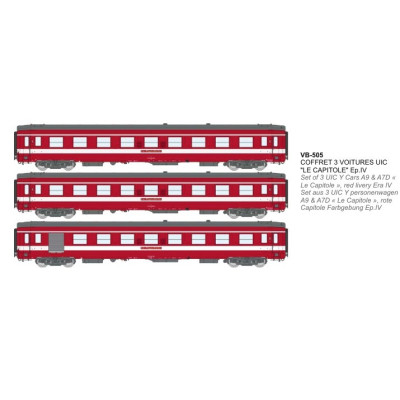 COFFRET DE 3 VOITURES VOYAGEUR UIC A9 ET A7D, LE CAPITOLE, HO, EpIV, REE VB505