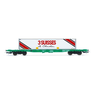 1 WAGON  PLAT PORTE CONTENEUR, S70, SNCF, AVEC CONTENEUR 3 SUISSE, HO, EpIV, PAR JOUEF HJ6277