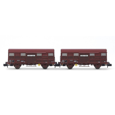 1 COFFRET DE 2 WAGONS FERMES A 2 ESSIEUX G4 PERMAPLEX, LIVREE MARRON, AQUITAINE EXPRESS, SNCF,N, PAR ARNORLD HN6572