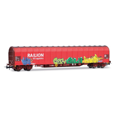 1 WAGON BACHE 4 ESSIEUX, DB AG, RAILION DB LOGISTICS, LIVREE ROUGE TAG, HO,EpV/VI, PAR RIVAROSSI HR6680
