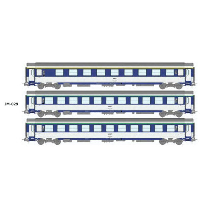 COFFRET DE 3 VOITURES COUCHETTES, BLEU TEN ET BLANC, LOGO ENCADRE, SNCF, HO, EpIV, PAR REE MODELES JM029