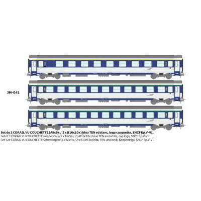 COFFRET DE 3 VOITURES CORAIL COUCHETTES, BLEU TEN ET BLANC, LOGO CASQUETTE, SNCF, HO, EpV/VI, PAR REE MODELES JM041
