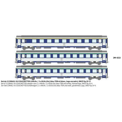 COFFRET DE 3 VOITURES CORAIL COUCHETTES, BLEU TEN ET BLANC, LOGO ENCADRE, SNCF, HO, EpIV/V, PAR REE MODELES JM033