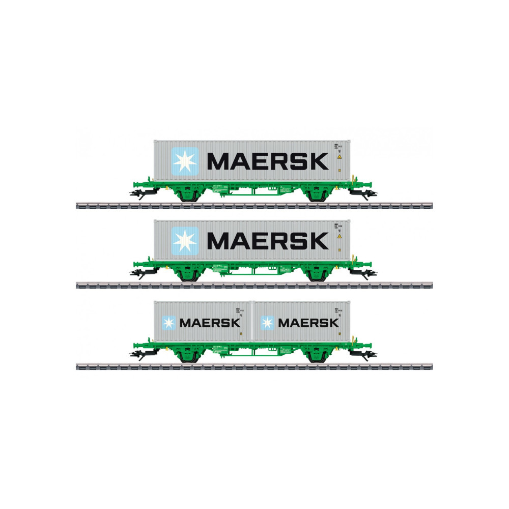 SET 3 WAGONS PLATS TYPE Lgns AVEC CONTAINER MAERSK DE MARKLIN 047726